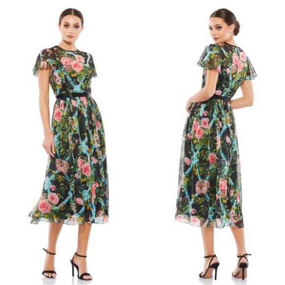 MAC DUGGAL FLORAL ILLUSION FLUTTER SLEEVE MIDI DRESS Size 2 NEW 9149 - Picture 1 of 10
